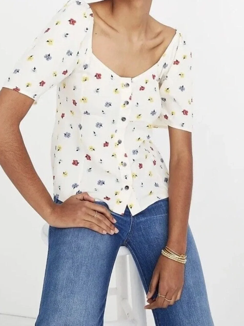 Madewell Floral Scoop-Neck Seamed Button Down
